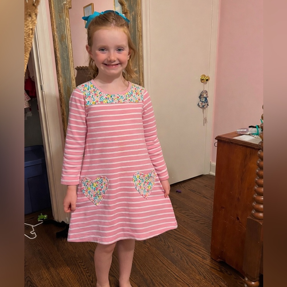 Mini Boden Pink Striped Dress with Floral heart pockets and around neck